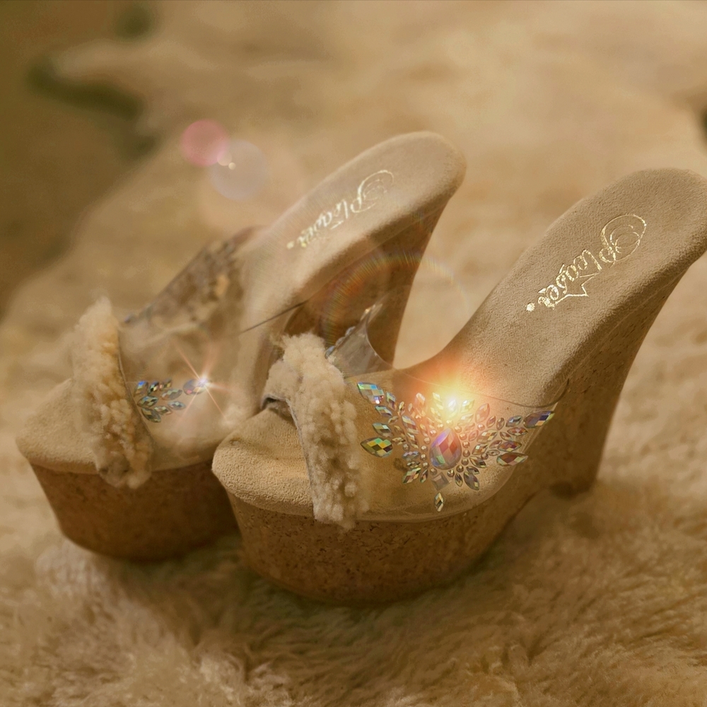 Pleaser Custom Crystal OOAK Cork Clear Beige Platform Wedge Sandals
